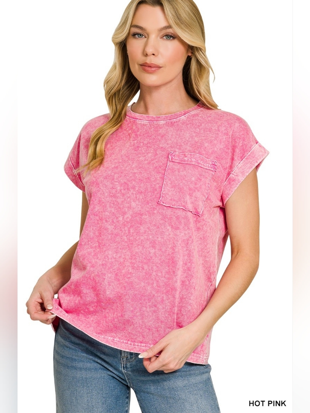Zenana Halo Snow Washed Cuffed Short Sleeve Tee